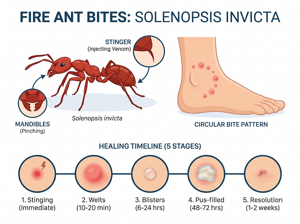 Fire ant bite infographic showing the ant's mandibles and stinger, a circular bite pattern on the ankle, and the 5-stage healing timeline from stinging to resolution