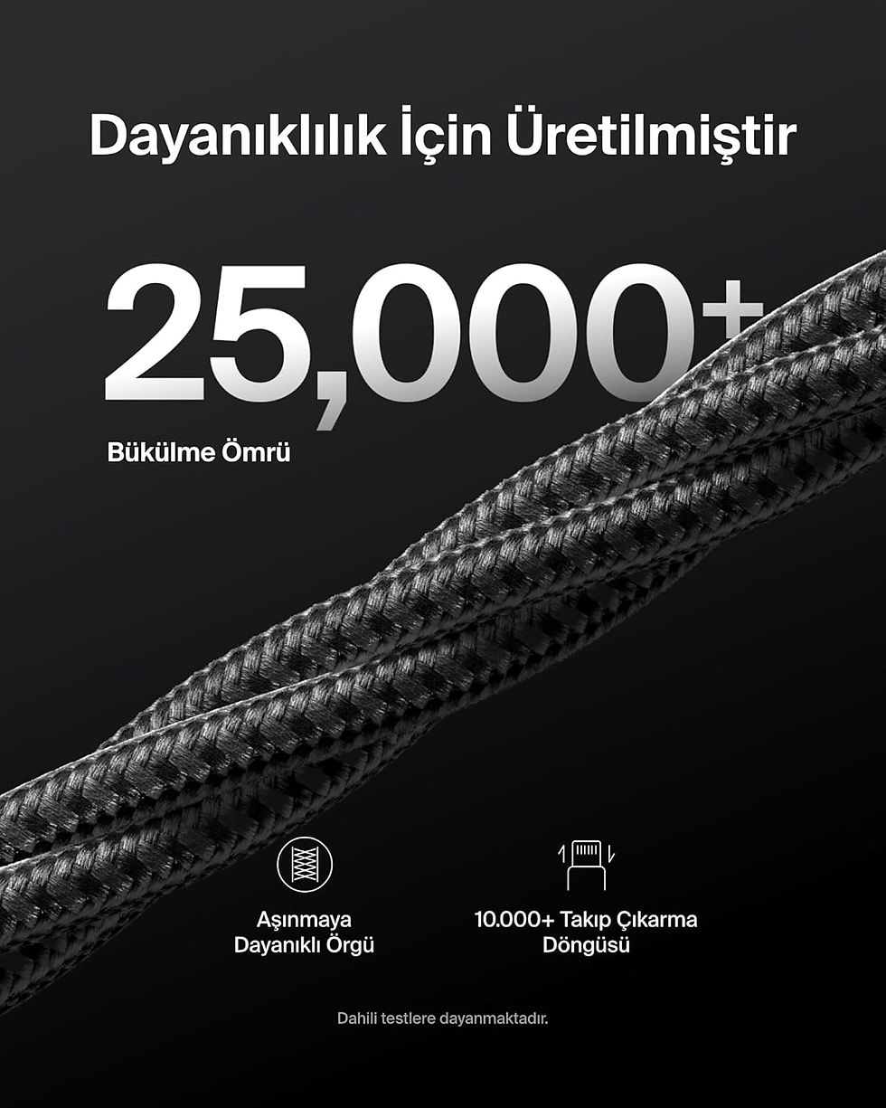 Миниатюра: Belkin Örgülü USB-A – USB-C Şarj ve Data Kablosu (1.5 m) – Siyah, Beyaz
