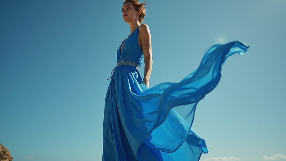Eye-level view de vestido longo azul com fenda lateral em tecido fluido