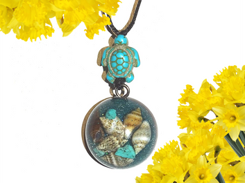 Turtle Shell Turquoise Gem Dome Orgonite Pendant Shungite Infused Reiki Necklace