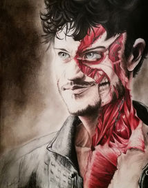 A colored pencil drawing of a man with half his face exposed, showing muscle and bone; katpowellartist