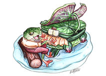 Frog reading book on lily pad boat