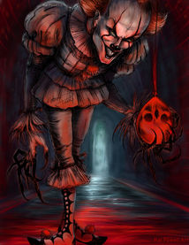 Pennywise the Dancing Clown fanart: menacing figure, red balloon