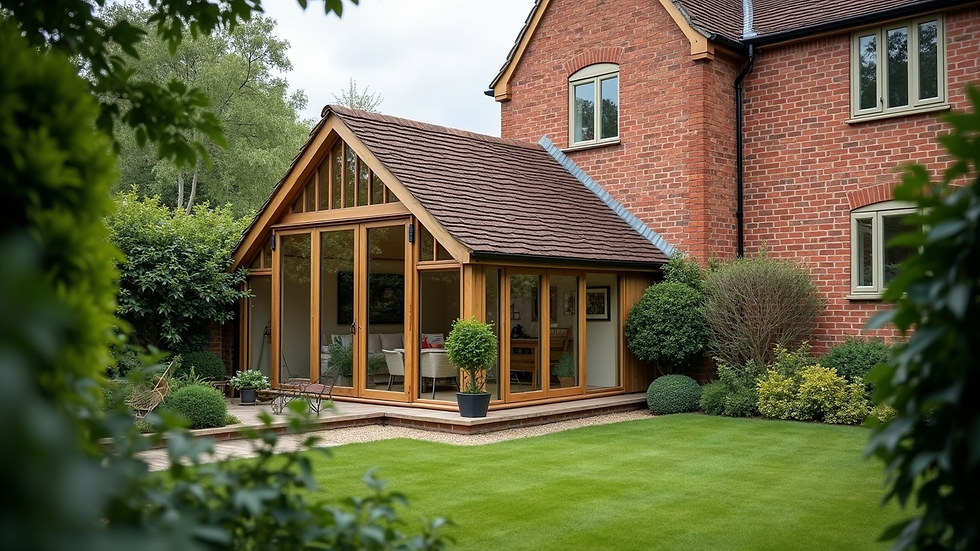 Wide angle view of a garden room attached to a traditional brick house