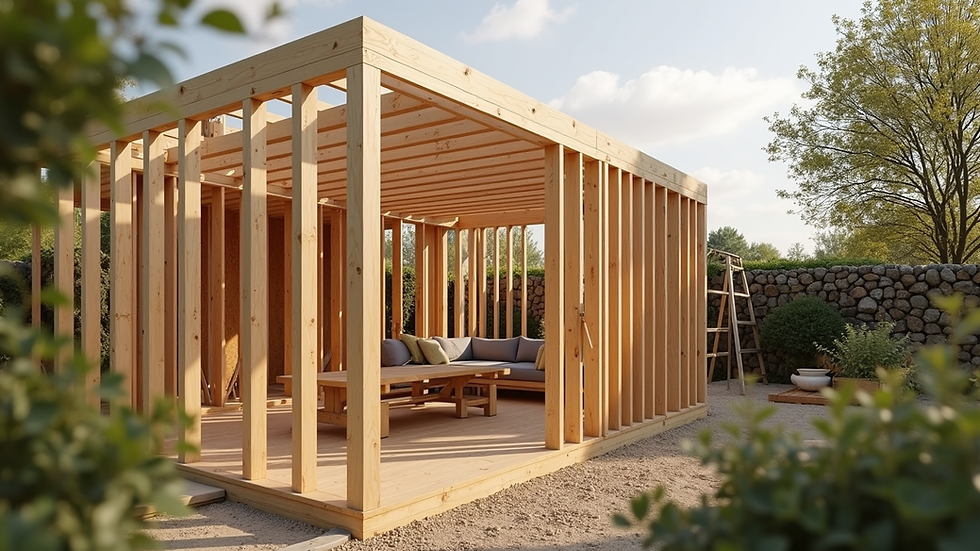 Close-up view of a garden annexe under construction with timber framing