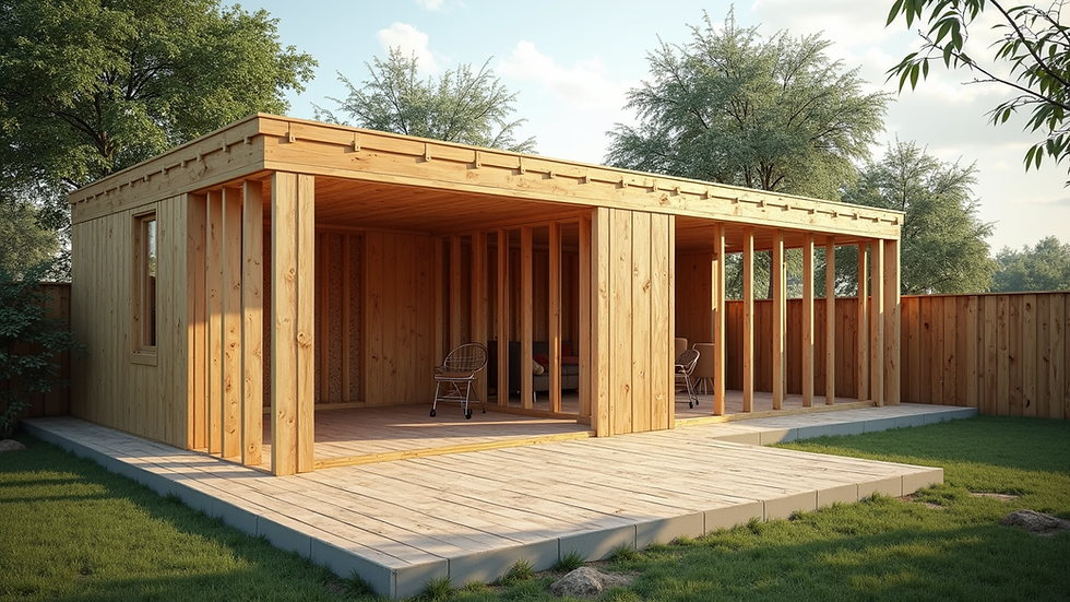 Wide angle view of a garden office under construction with timber frame and insulation
