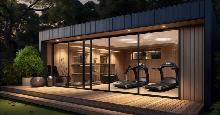 Home Garden Gym with large sliding doors, extended decking, exterior downlights, for personal training at home