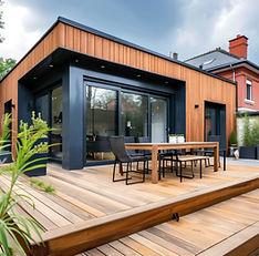 Bespoke custom Design and Build of a Garden Room with decking and outside furniture in surrey