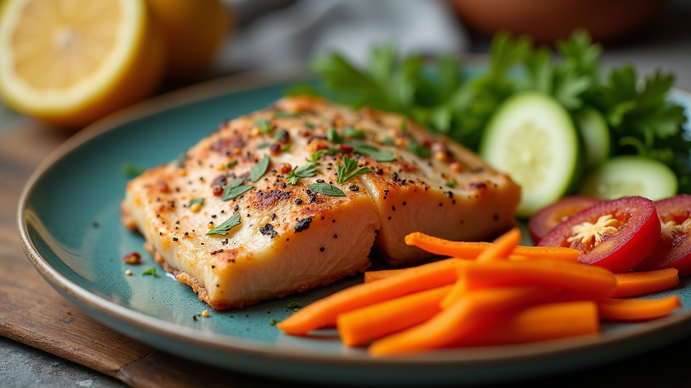 Close-up view of a healthy meal with colorful vegetables and lean protein