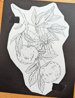 Fine line illustrative apple branch with orb weaver in colour designed for upper leg
