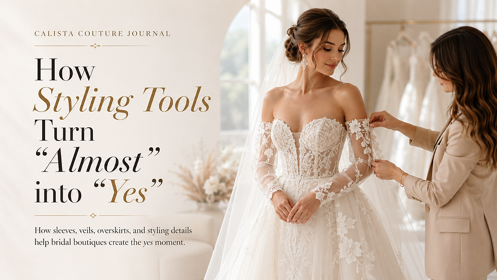 See how bridal styling tools like sleeves, overskirts, veils, and boleros help boutiques turn almost-right gowns into yes moments.