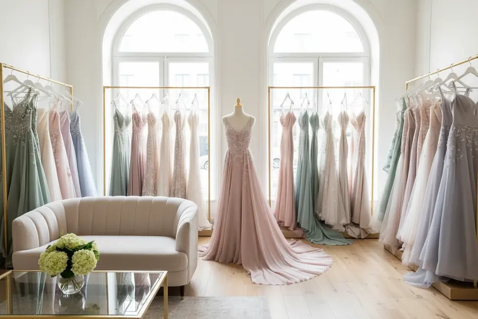 Exposição de vestidos de noiva coloridos de luxo em uma boutique de alta costura.