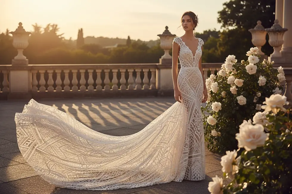 Mannequin portant une robe de mariée sirène en dentelle géométrique tendance 2027