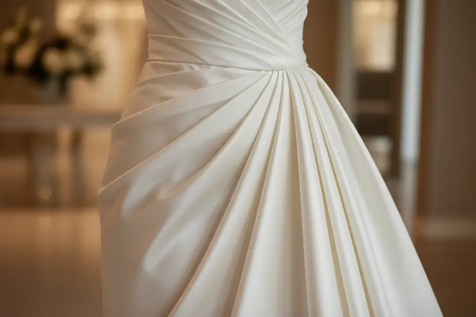 Close-up of premium silk mikado wedding gown drapery details.