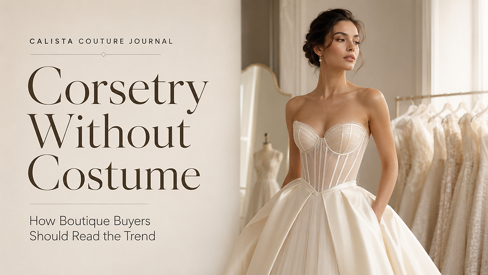 The bridal corsetry trend is back. Learn how boutique buyers can read corset bodices, exposed boning, and structure without choosing costume.
