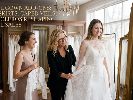 Bridal gown add-ons like overskirts, caped veils, and boleros help boutiques create more styling options and stronger sales moments.