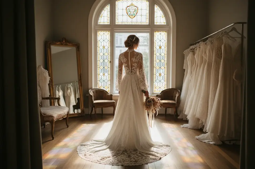 Dettaglio di abito da sposa stile retrò con schiena ricamata in pizzo elegante.