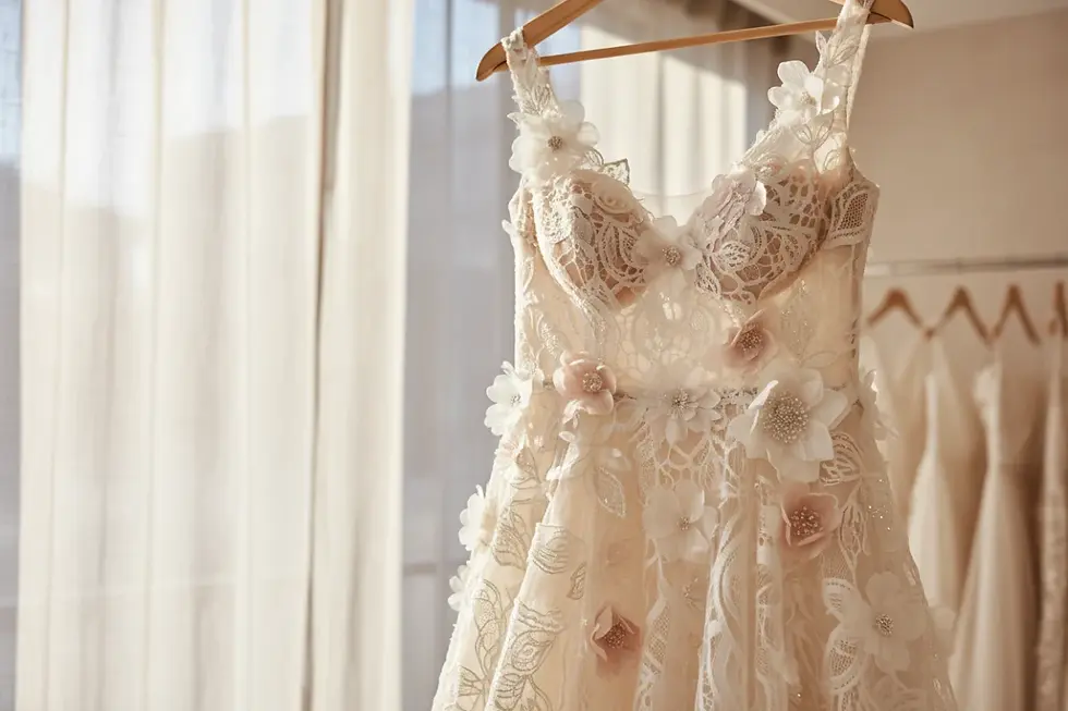 Close-up of sustainable lace details, highlighting upcoming bridal fashion trends.