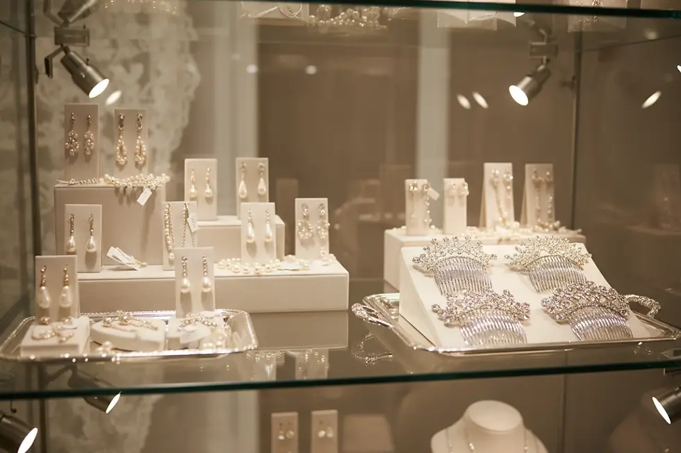 Exhibición de joyería de novia utilizando técnicas profesionales de visual merchandising nupcial.