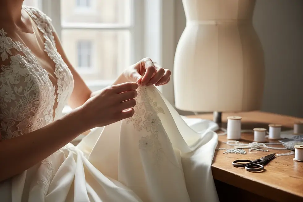 Dettaglio della lavorazione artigianale per la fornitura abiti sposa boutique.