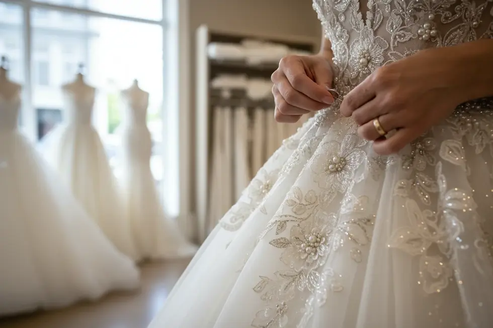 Détails de fabrication d'un créateur de robe de mariée pour boutique