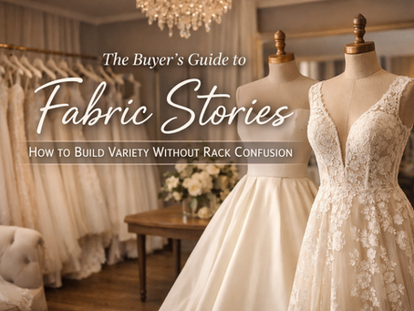 A strategic fabric buying guide for bridal shop owners. Learn how to build fabric variety without rack confusion using structured fabric stories that improve sell-through and visual merchandising.