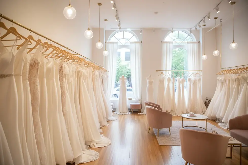 Showroom de luxe Calista Couture avec des robes de mariée de différentes tailles.