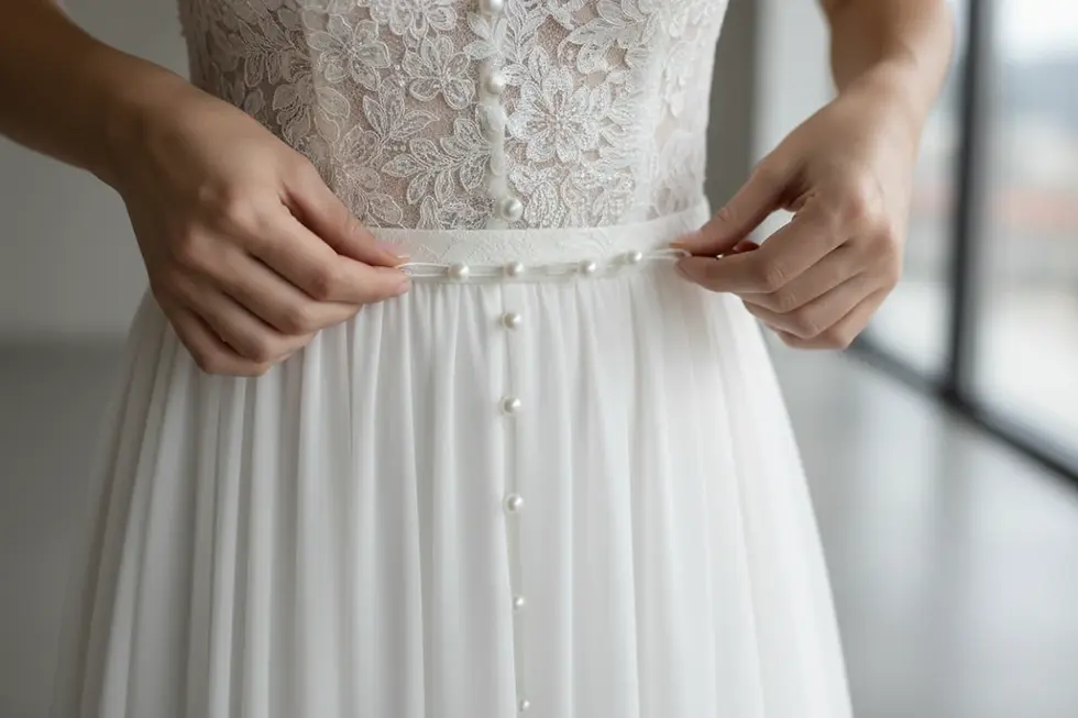 Détails de conception et boutons invisibles sur une robe de mariée détachable.