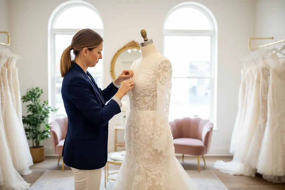 Estrategia de inventario nupcial inteligente con una selección de vestidos de muestra.