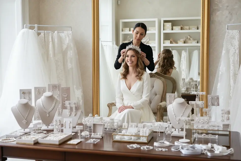 Stylistin setzt einer Braut im Hochzeitskleid ein Diadem ins Haar während der Anprobe