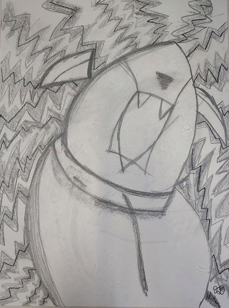 An abstract drawing of a cat. The background is made of zigzag lines, indicating their panic