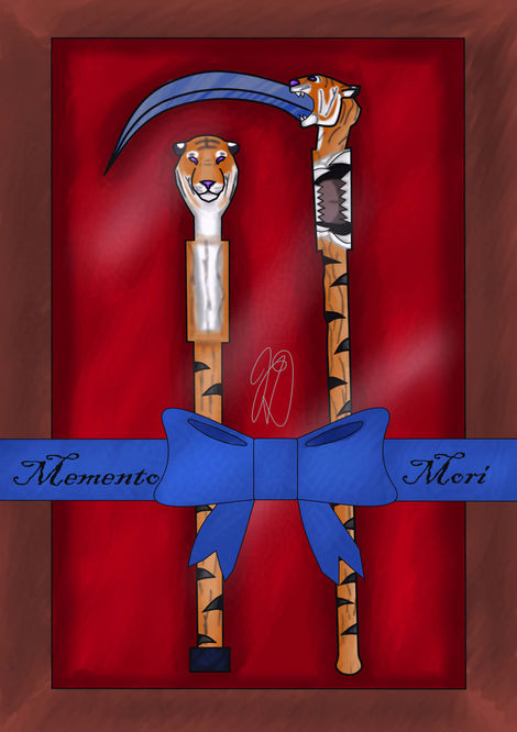 A wooden display box with red velvet has a blue ribbon tied around it in a bow. It reads "Memento Mori"
Inside the box is a set of twin scythe canes, modeled after a tiger. One is in cane form, the other in scythe form.