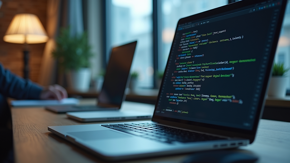 Eye-level view of a modern office workspace with a laptop and AI coding on screen