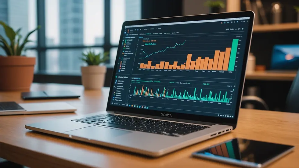 Eye-level view of a laptop displaying data analytics results