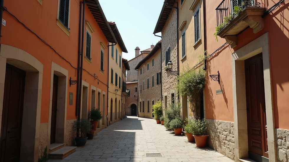 Eye-level view of a quiet medieval village street in Tuscany