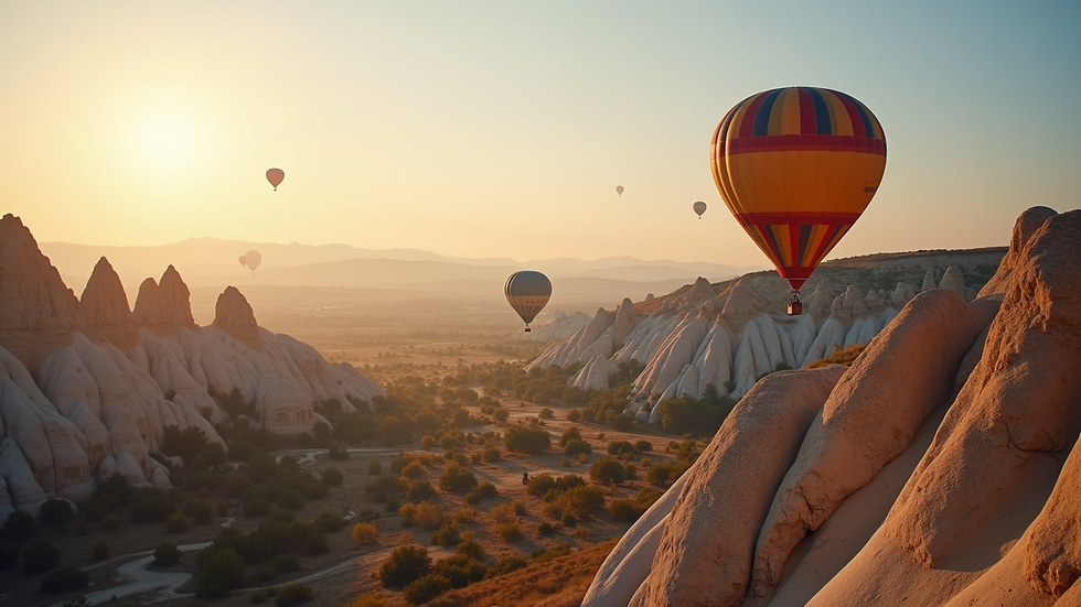 High angle view of a hot air balloon floating over Cappadocia’s rock formations