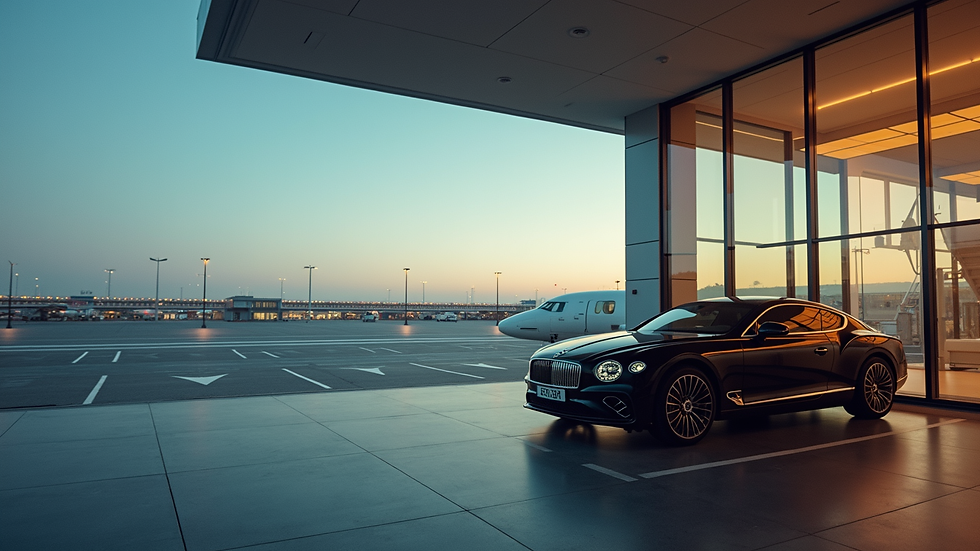 Eye-level view of a luxury car parked outside Rome airport terminal