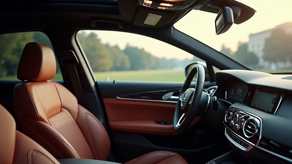 Close-up view of a luxury car interior with leather seats and city view through the window