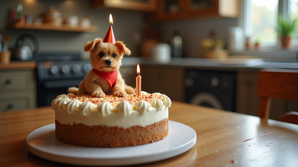 Close-up view of a homemade dog birthday cake on a wooden table