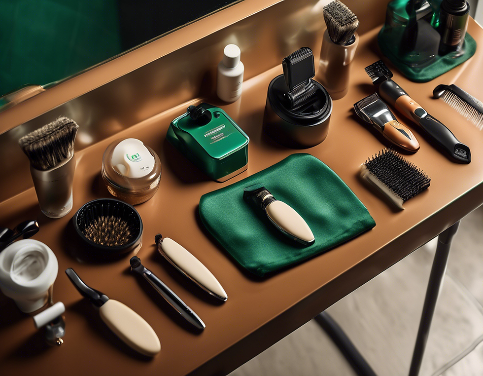 Grooming tools neatly arranged on a brown countertop. Includes brushes, trimmers, and lotion. Green accents, sleek, organized appearance.