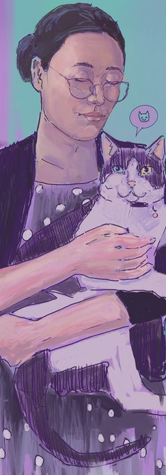 Ilustración de una mujer con lentes abrazando a su gato blanco sobre un fondo morado.