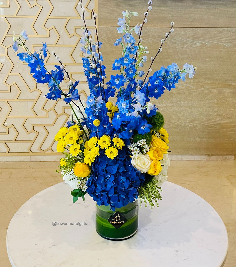Delphinium And hydrangea Vase Delphinium And hydrangea combination with mix color roses and chrysanthemum delivery Dubai