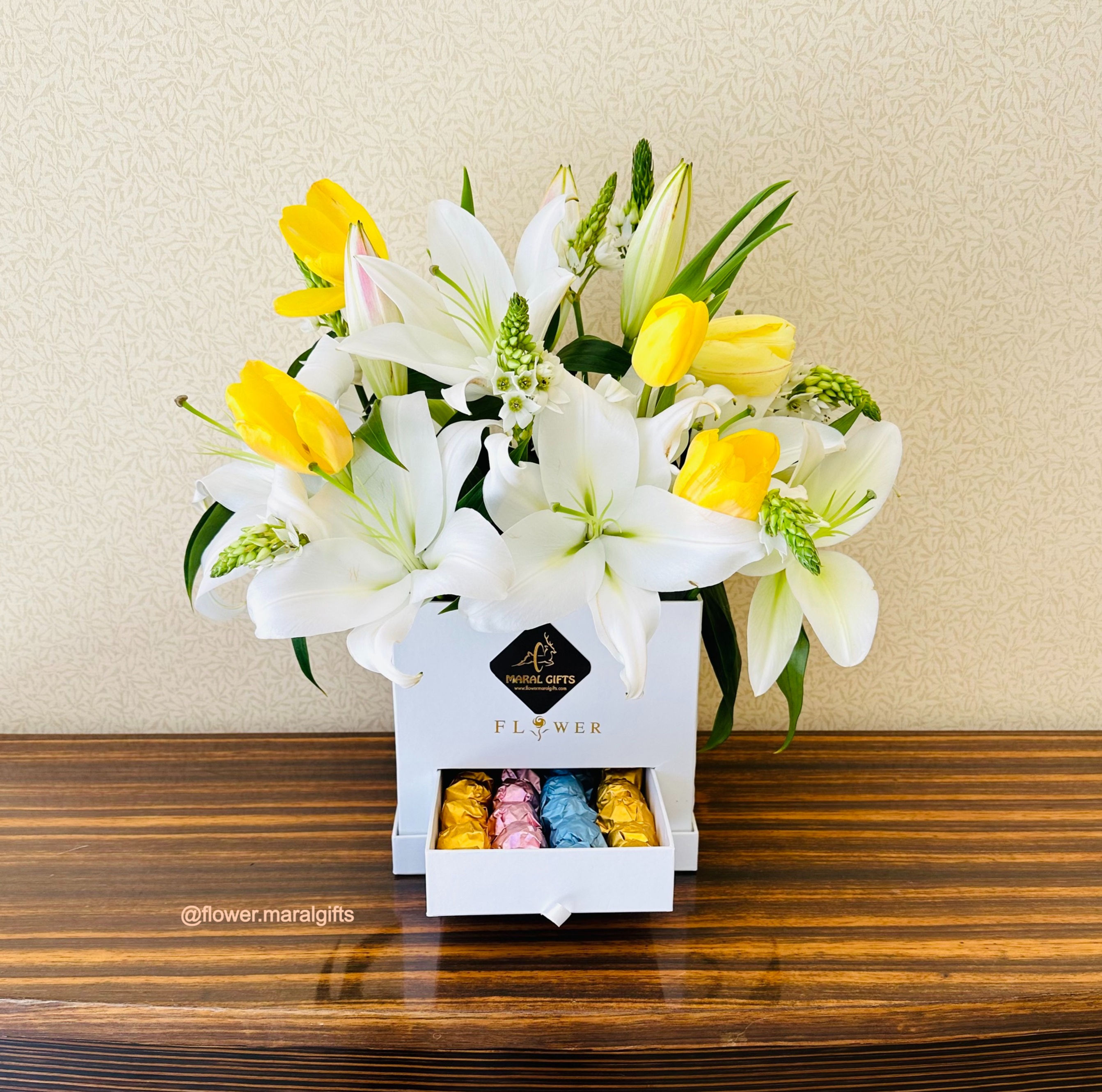 Sweet Lily and Tulips in a box