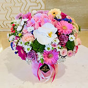 Pink Blossoms flower box combination of pink hydrangea mix color gerbera, roses, chrysanthemum,Orchid phalaenopsis white