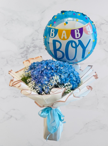 Newborn baby balloons and blue bouquet Dubai