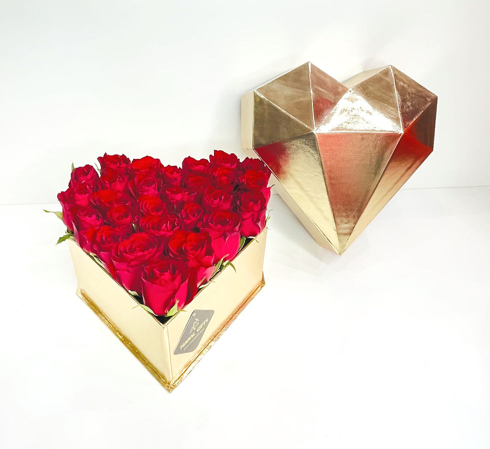 Red roses in a Gold Diamond heart box flower Lovely flower box gifts