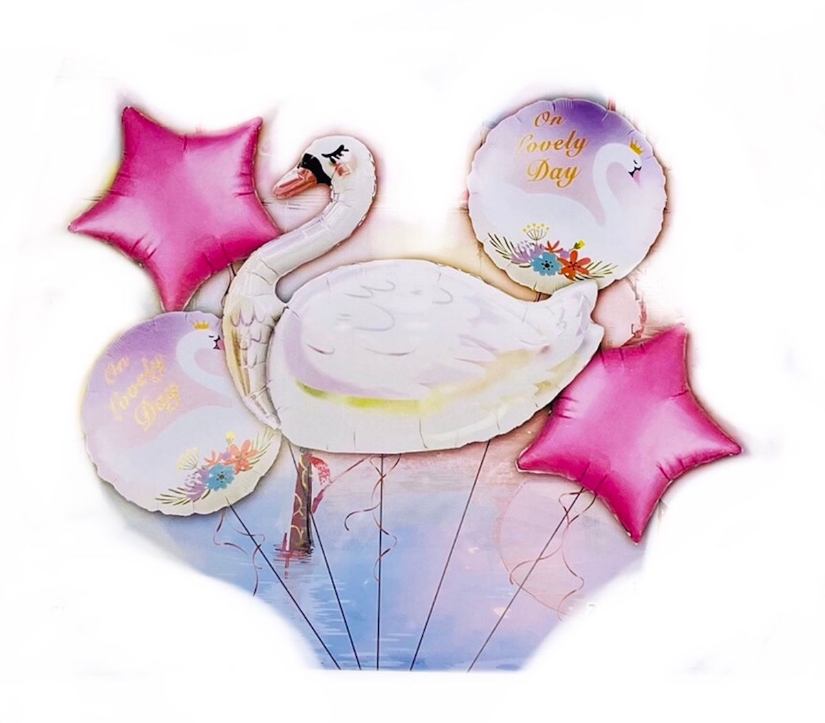 Swan Happy Birthday balloon 5 Set Three Swan balloons with two pink star helium balloons