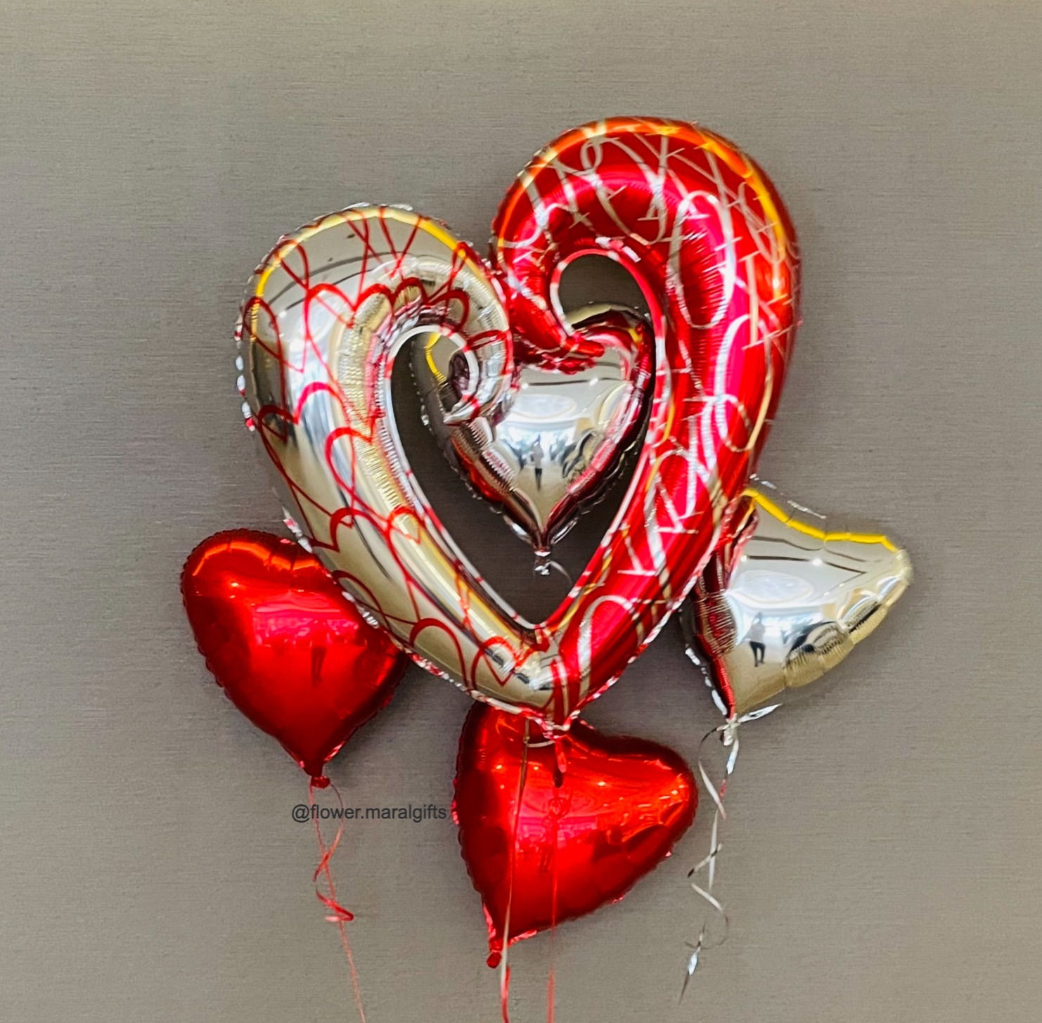 Big heart helium balloon set with two silver heart and two red heart balloons