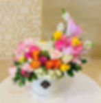 Flower box Lilies Pink with colorful roses and hydrangea white combination in a white flower box