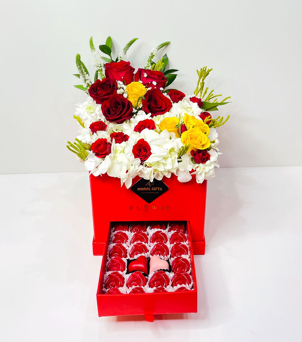 Thumbnail: red and yellow roses with hydrangea in real chocolate box with flower combination
